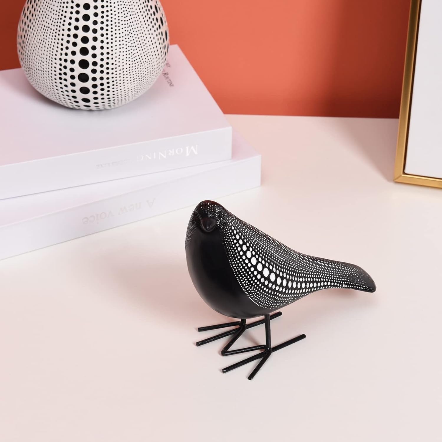 Sculptures Home Decor, Bird Figurine Shelf Decor, Modern Decorations for Living Room, Bedroom, Office, House, Resin Animal Statues and Figurine with Chic Polka Dots Art Design (Black)