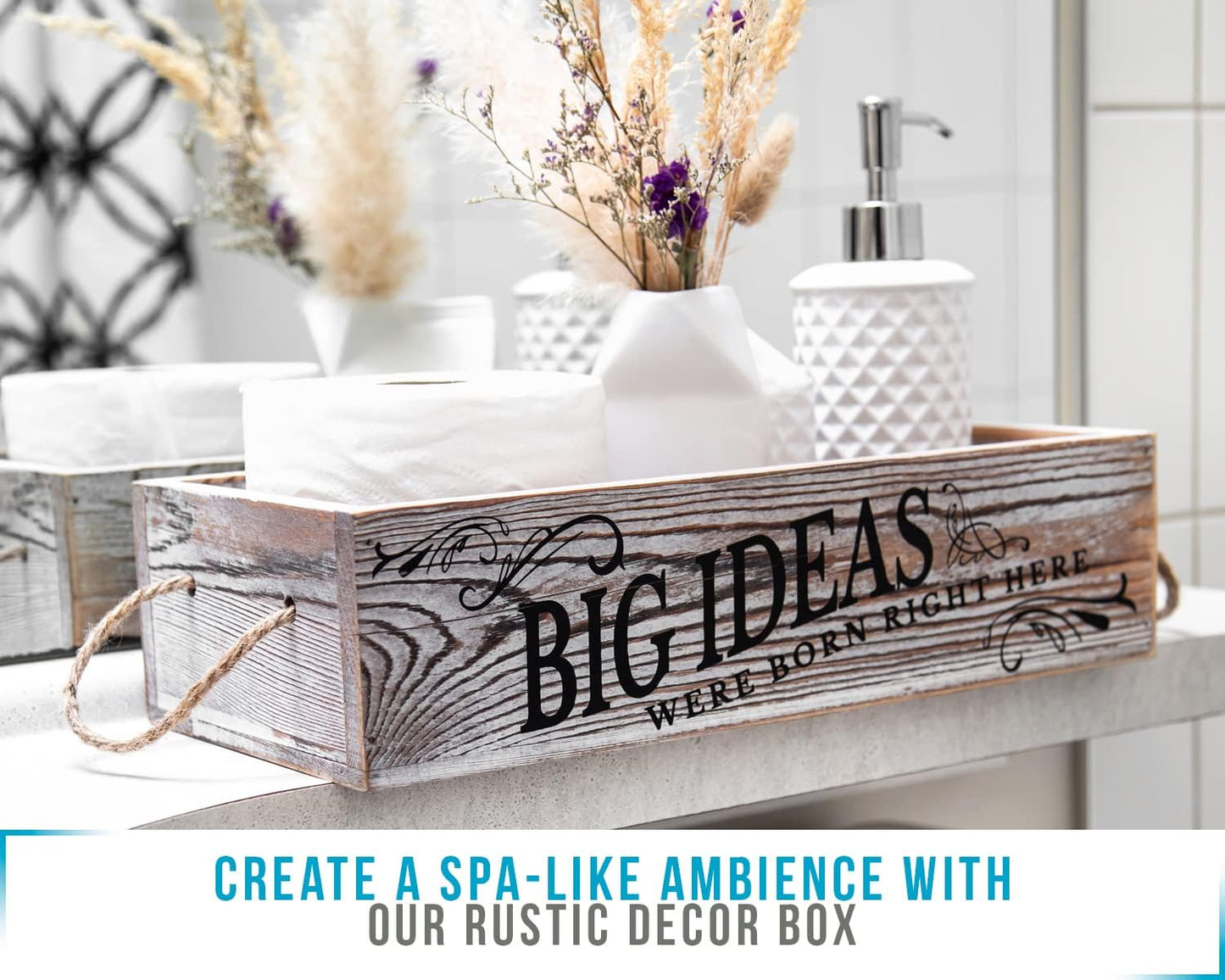 Bathroom Decor Box, 2 Sides with Funny Sayings -Perfect for Farmhouse Bathroom Decor, Rustic Bathroom Decor, Funny Toilet Paper Holder - Rustic White