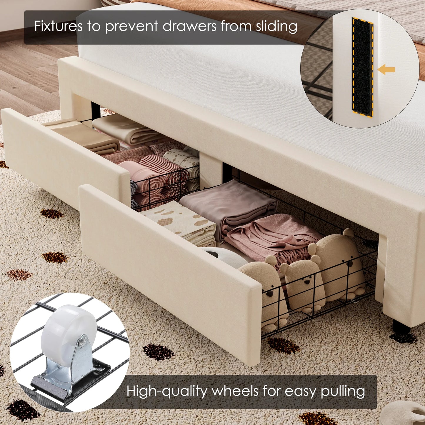 Modern Queen Bed Frame with 2 Drawers, LED Lights Platform Bed Frame with Upholstered Tufted Adjustable Headboard, Beige