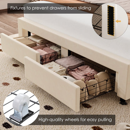 Modern Queen Bed Frame with 2 Drawers, LED Lights Platform Bed Frame with Upholstered Tufted Adjustable Headboard, Beige