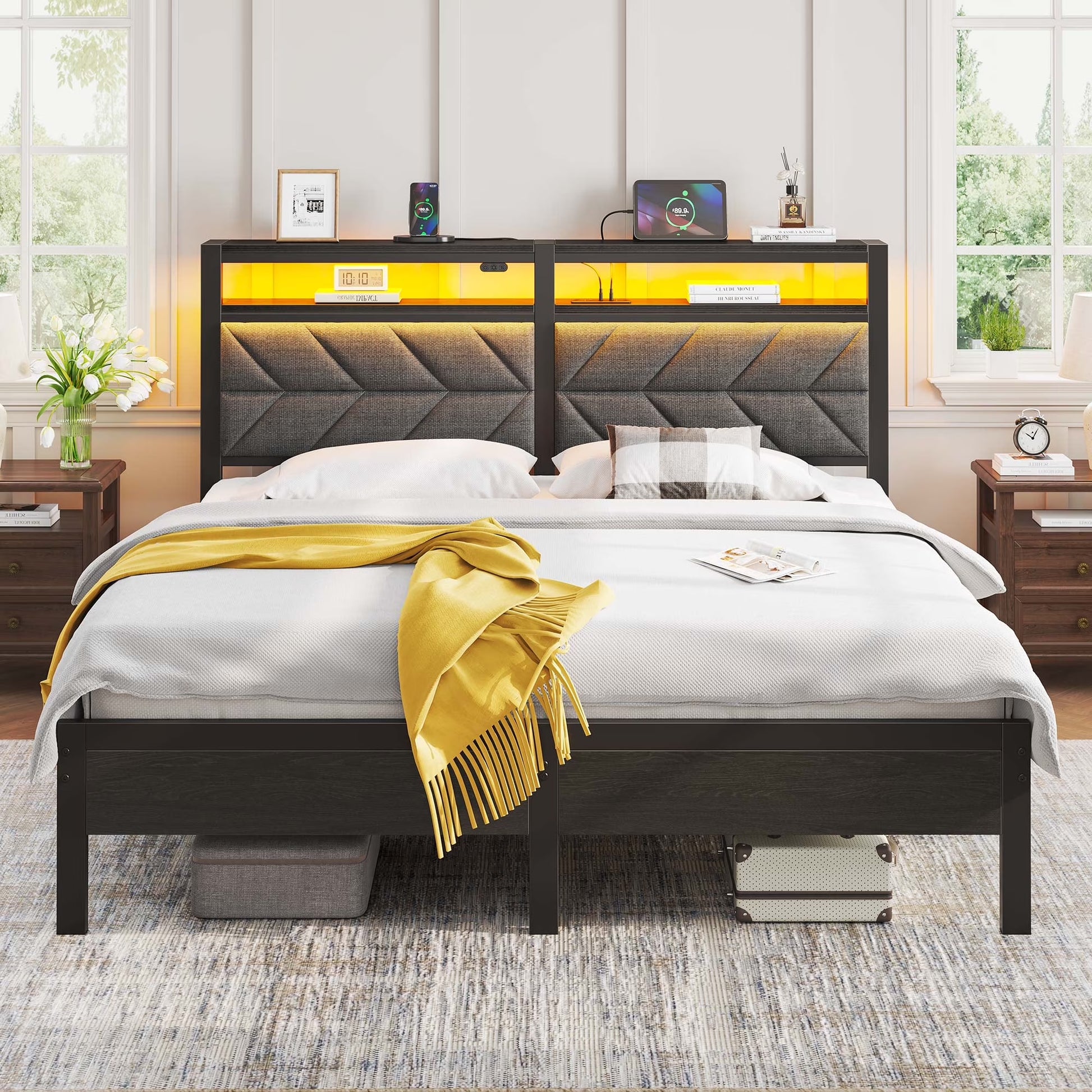 Full LED Bed Frame with Headboard Storage - Charging Station, Dark Gray