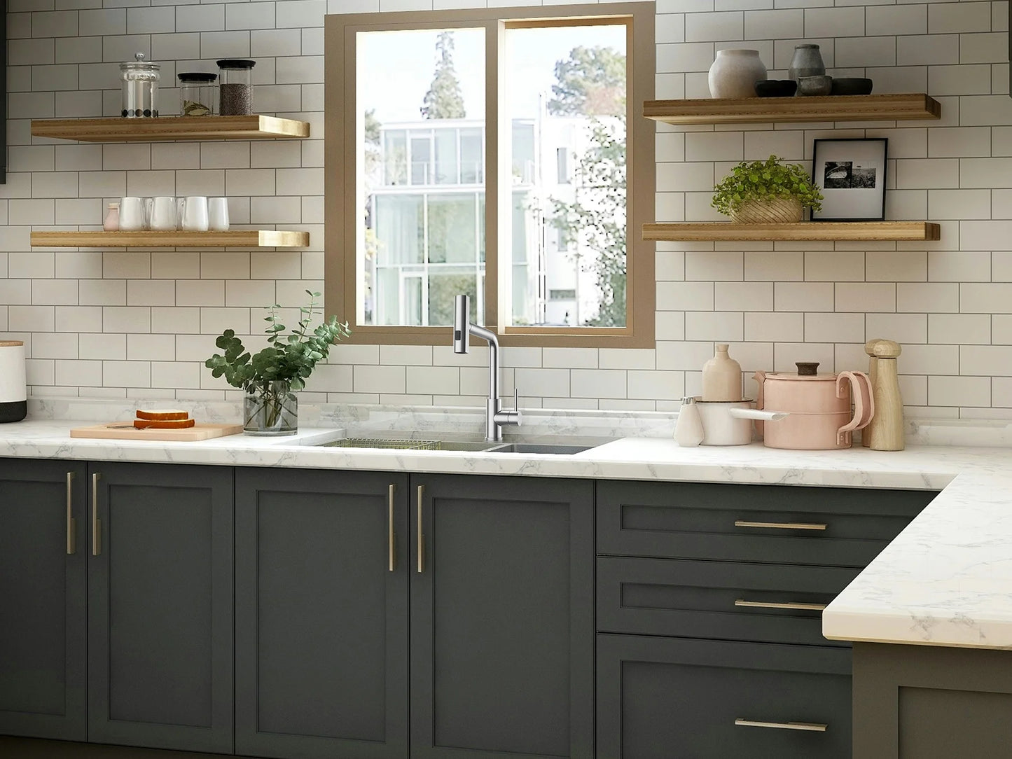 Kitchen Faucet, Waterfall Kitchen Faucet with Pull down Sprayer, 3 Modes Sprayer Kitchen Sink Faucet Single Lever Handle Faucet for Kitchen Sink, Brushed Nickel