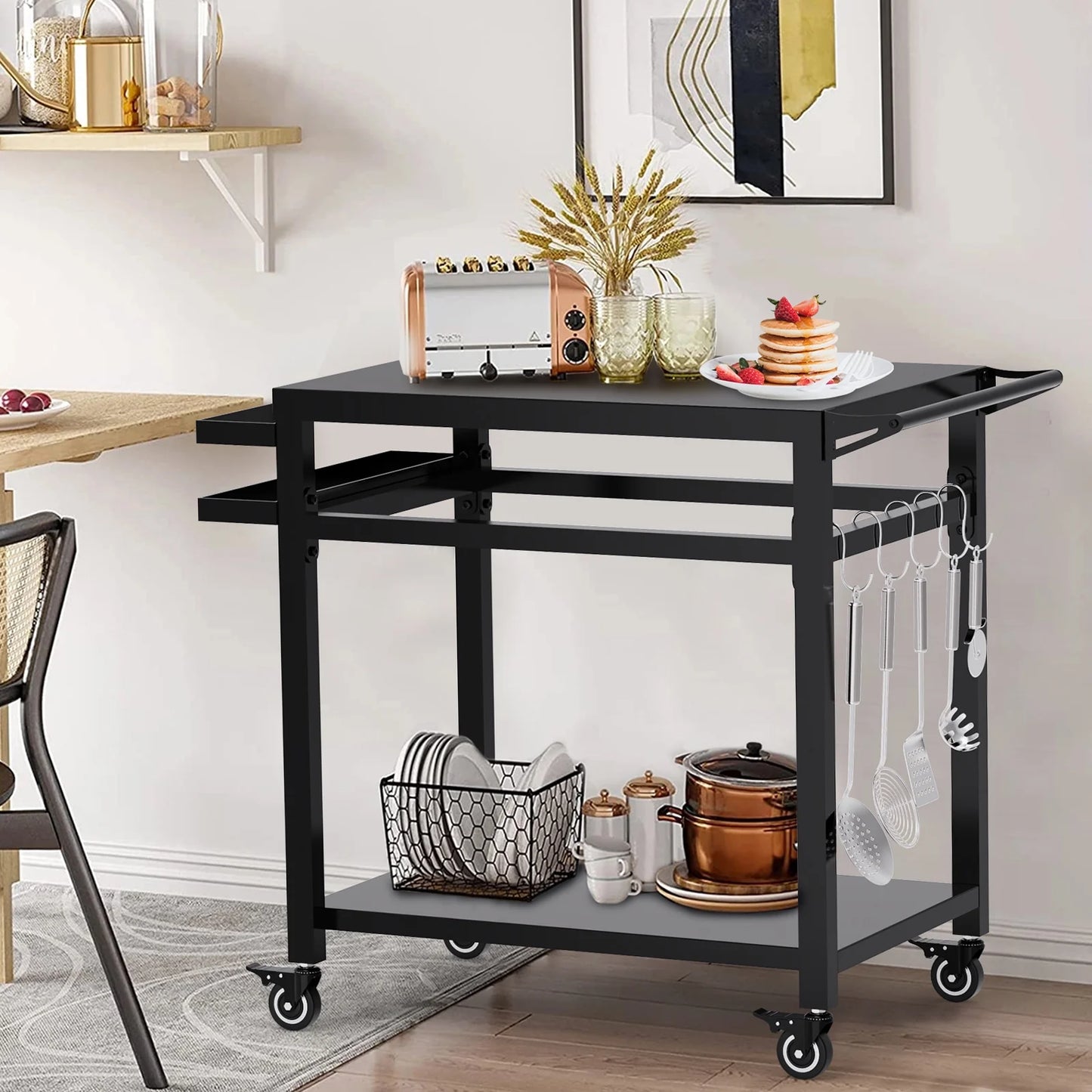 Movable Grill Table, Double-Shelf Outdoor BBQ Grill Cart, Rolling Kitchen Dining Cart, Black