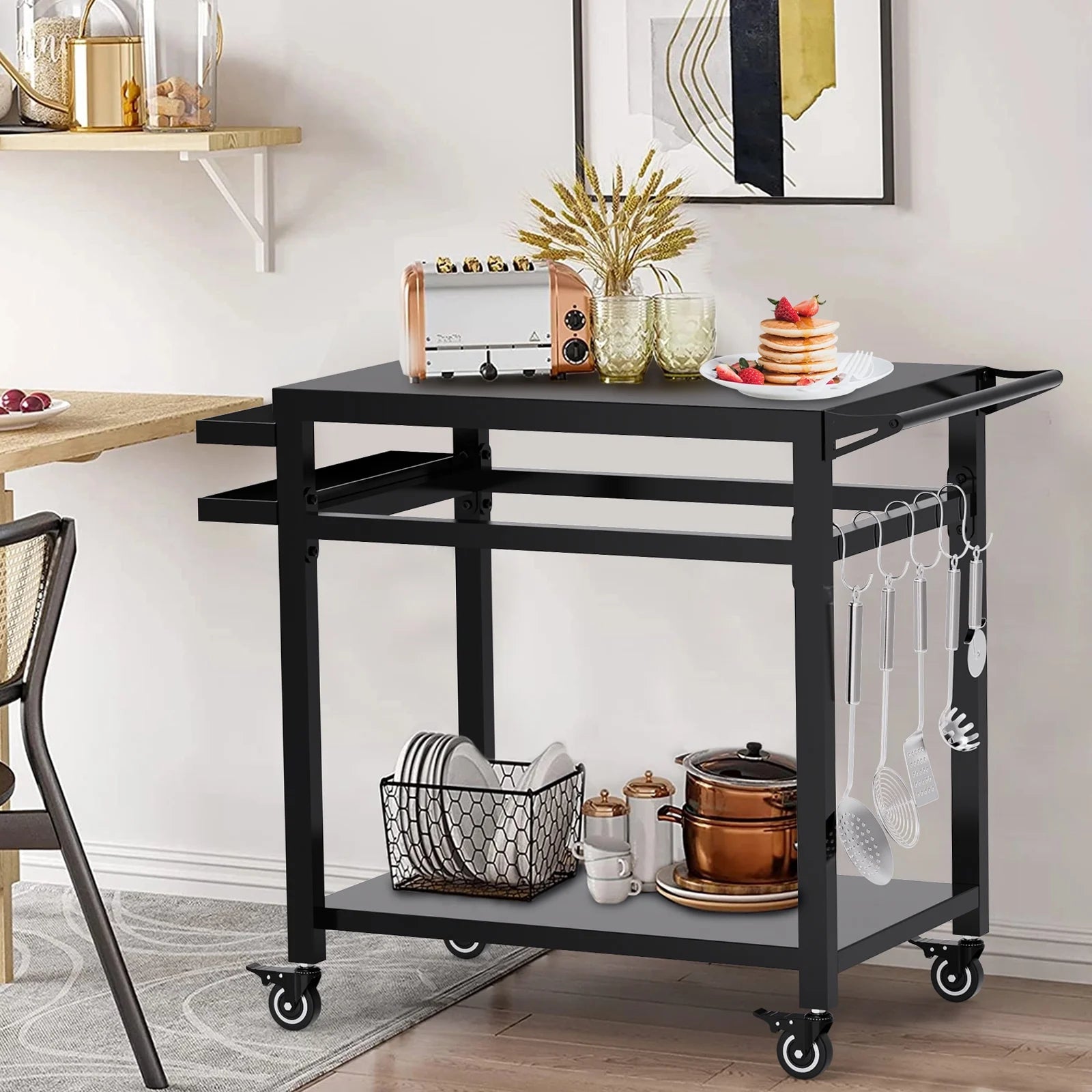 Movable Grill Table, Double-Shelf Outdoor BBQ Grill Cart, Rolling Kitchen Dining Cart, Black