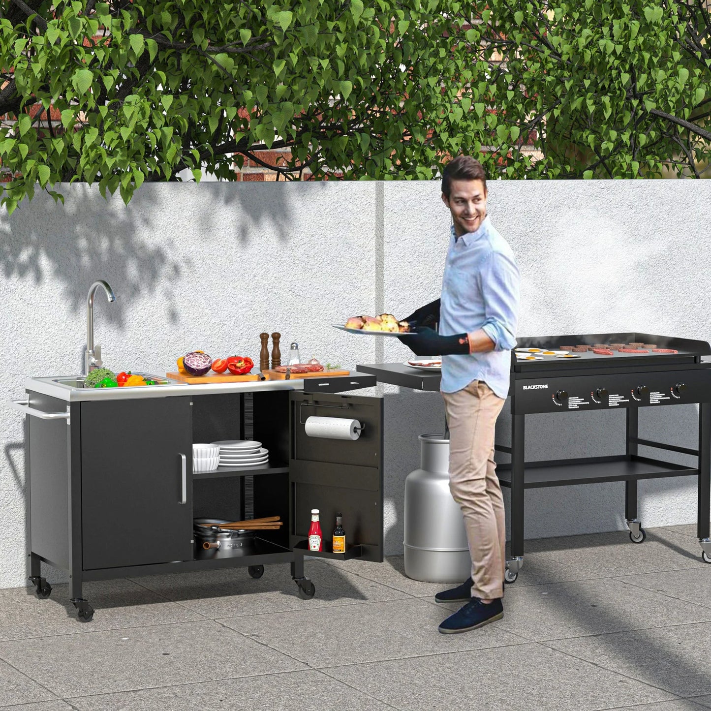 Outdoor Grill Table with Sink,Metal Outdoor Grill Cart, Outdoor Kitchen Island with Stainless Steel Sink