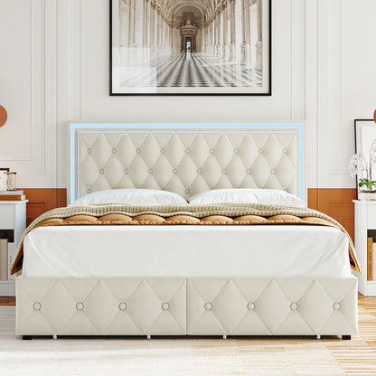 Queen LED Bed with 4 Drawers, LED Lights Platform Storage Bed Frame with Upholstered Adjustable Button Tufted Headboard, Velvet Beige