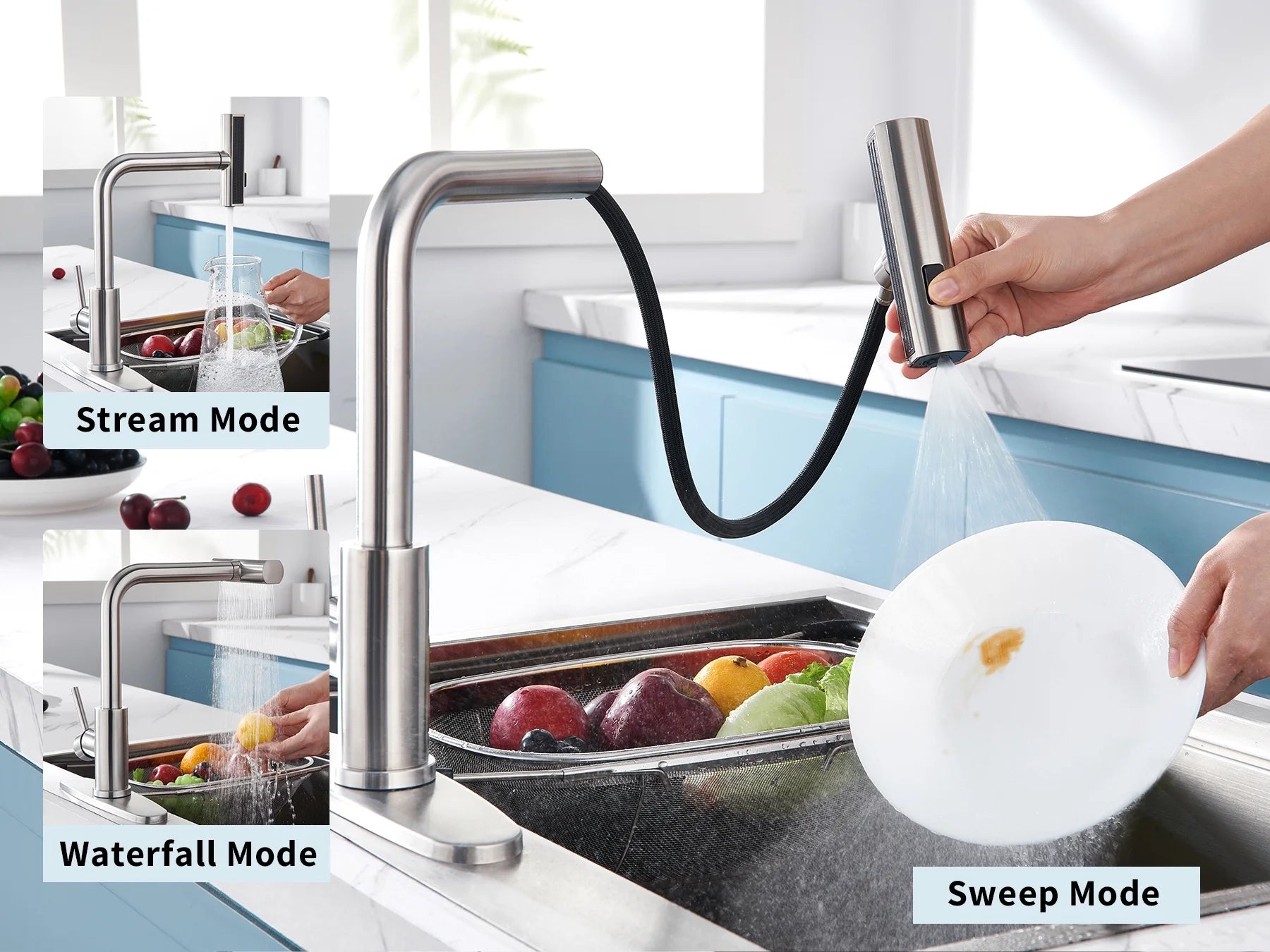 Kitchen Faucet, Waterfall Kitchen Faucet with Pull down Sprayer, 3 Modes Sprayer Kitchen Sink Faucet Single Lever Handle Faucet for Kitchen Sink, Brushed Nickel