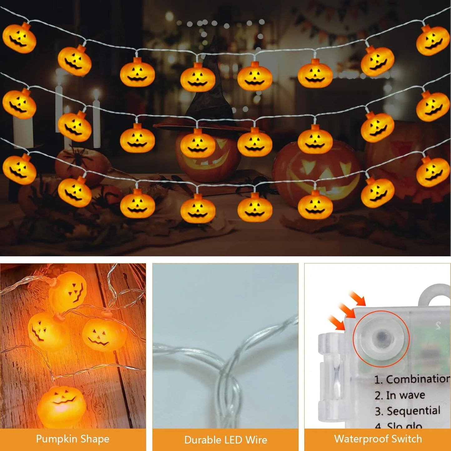 Halloween Lights, 20Ft 40 LED Orange Pumpkin String Lights, 8 Modes Pumpkin Lantern Halloween Decorations Indoor Outdoor