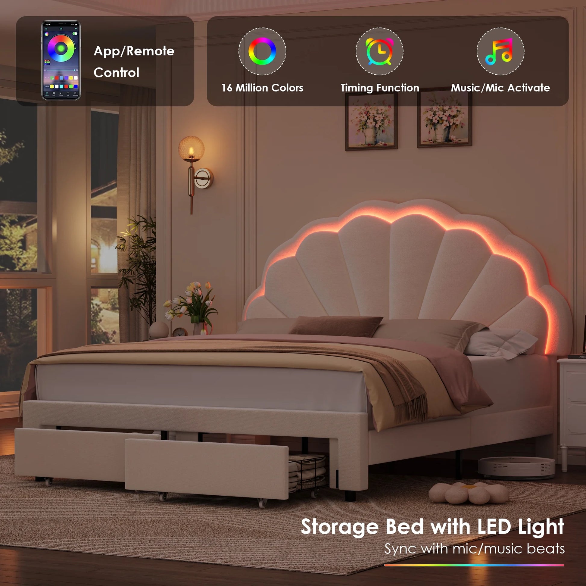 Modern Queen Bed Frame with 2 Drawers, LED Lights Platform Bed Frame with Upholstered Tufted Adjustable Headboard, Beige