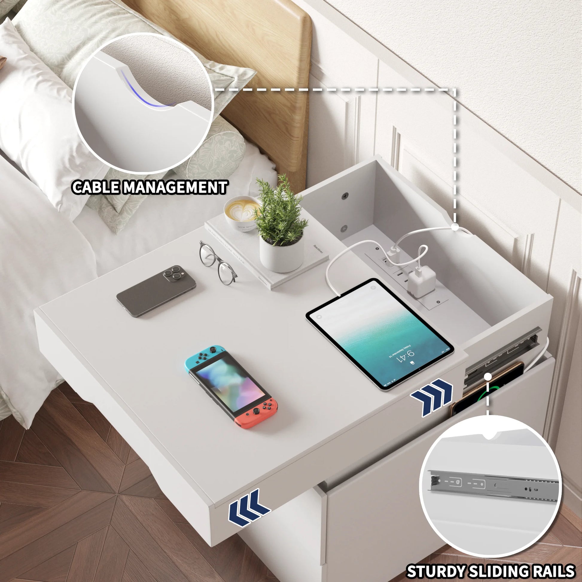 LED Nightstand 2 Drawers Bedside End Tale with Remote and Charging Ports, White