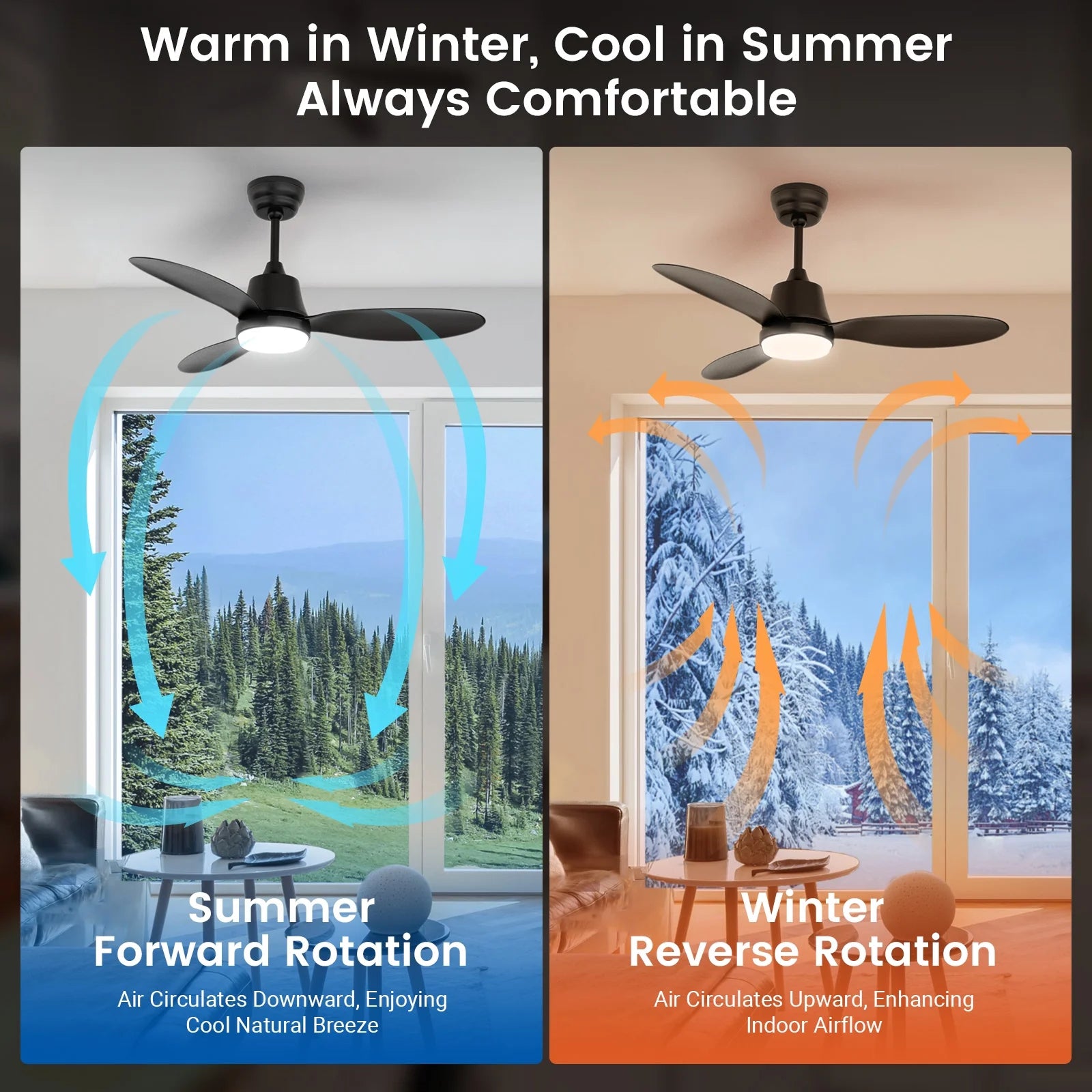 Ceiling Fans with Lights and Remote & App Control,36 Inch Modern Ceiling Fans,3 Reversible Blades Dimmable Noiseless, for Bedroom Kitchen Patio,Black