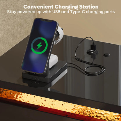 LED Nightstand with Charging Station, Modern End Side Table with Drawer and Open Storage for Bedroom, Black