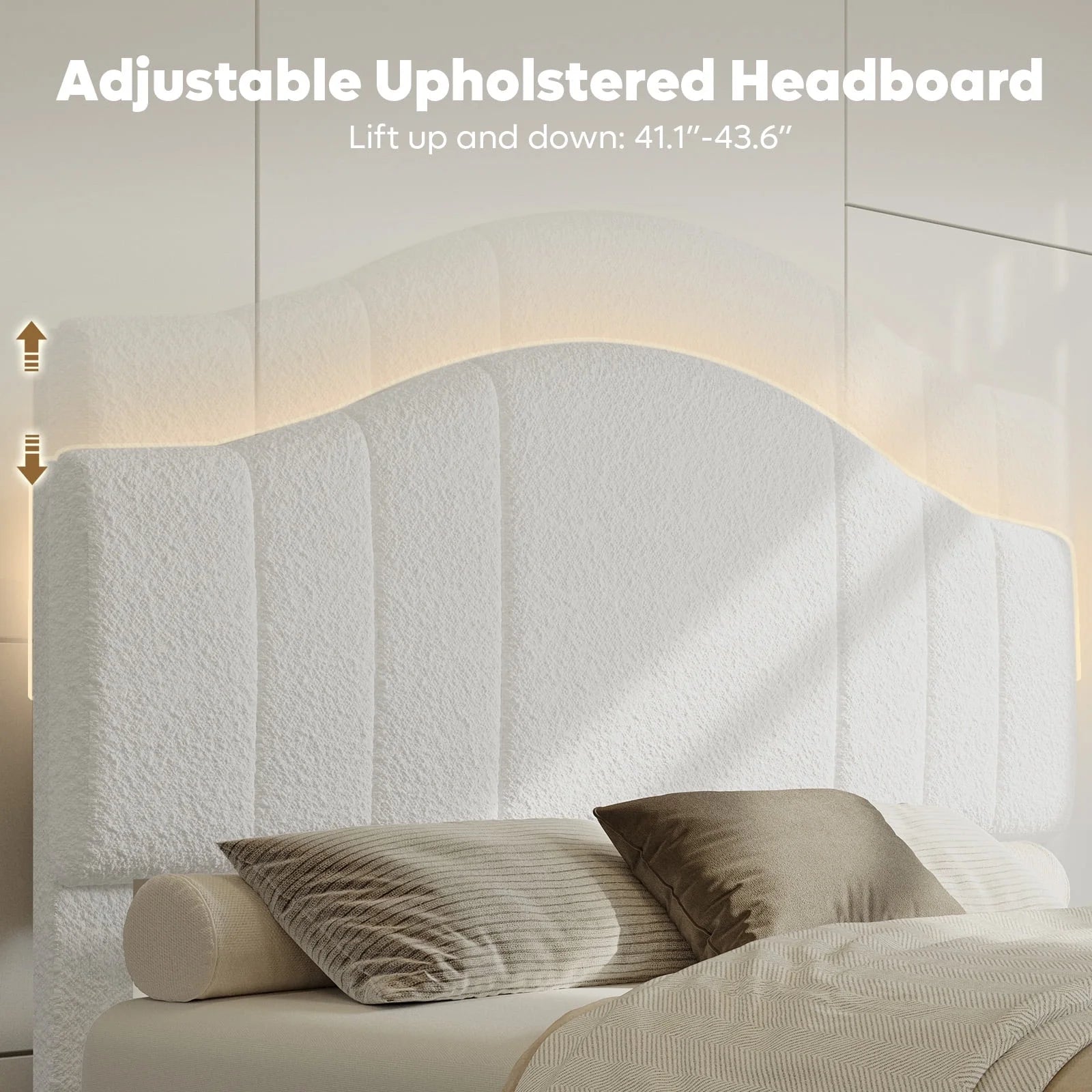 Queen Upholstered Bed Frame with Adjustable Arc-Shaped Headboard, LED Platform Bed, Teddy Velvet White