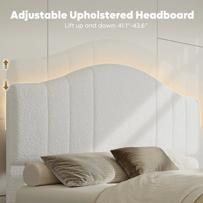 Queen Upholstered Bed Frame with Adjustable Arc-Shaped Headboard, LED Platform Bed, Teddy Velvet White
