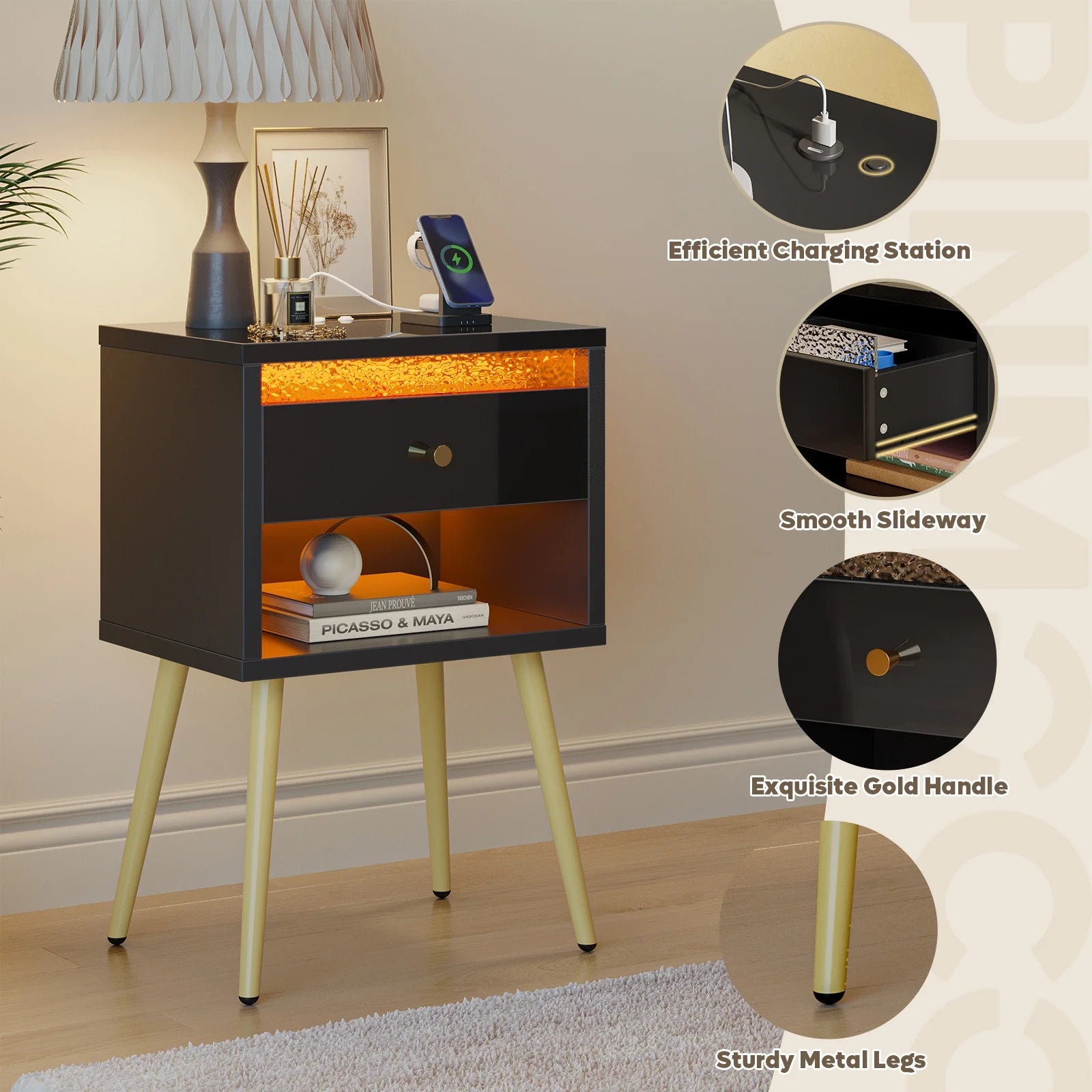 LED Nightstand with Charging Station, Modern End Side Table with Drawer and Open Storage for Bedroom, Black