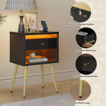LED Nightstand with Charging Station, Modern End Side Table with Drawer and Open Storage for Bedroom, Black