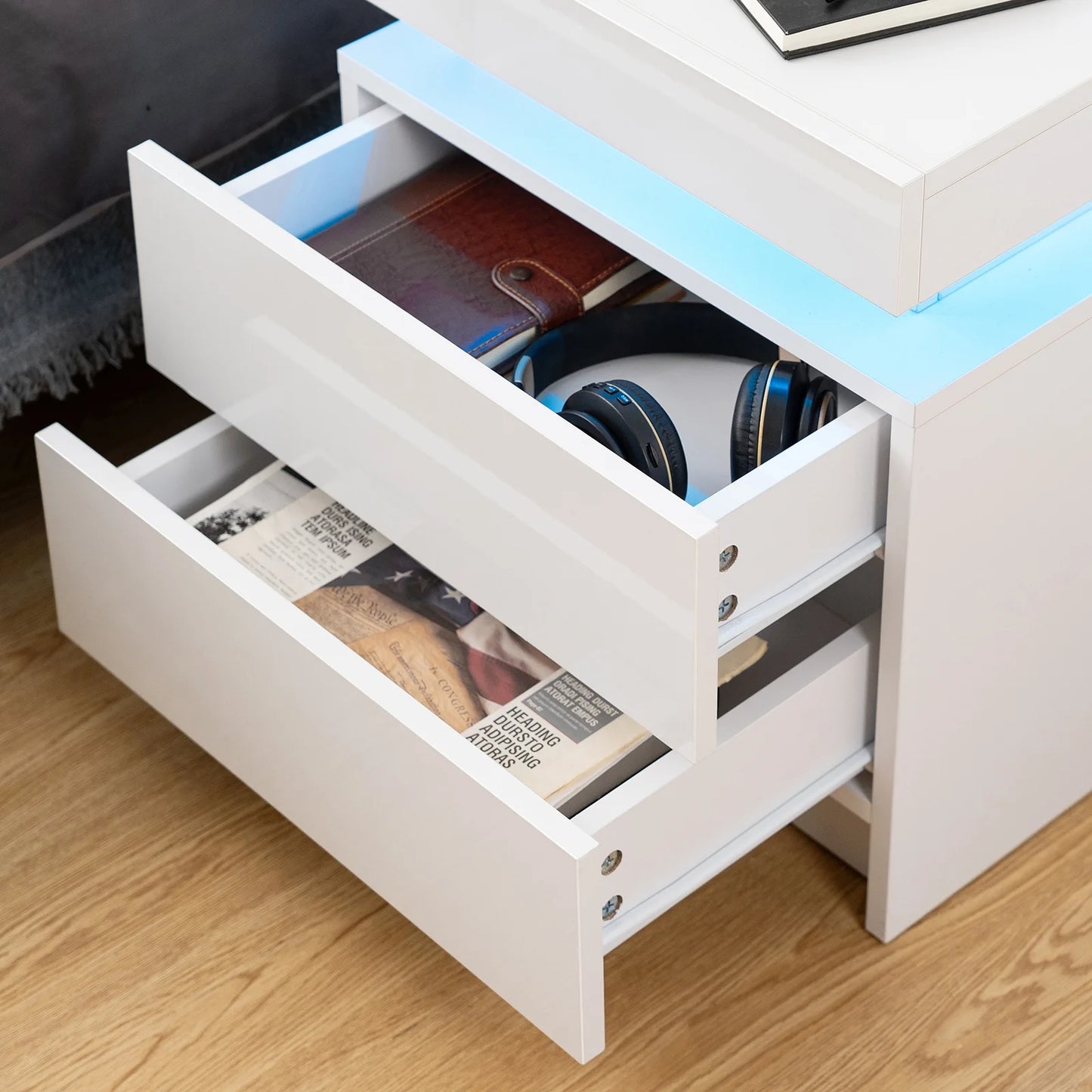Modern LED Nightstand with 2 Drawers High Gloss Led Light Bedside Table Storage White Night Table with Lights End Side Table with Drawer for Bedroom 20.5" Tall