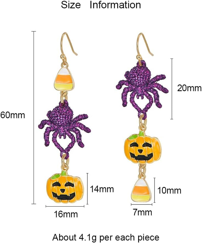 Halloween Earrings for Women Pumpkin Ghost Witch Bat Spider Skull Dangle Earrings Purple Orange Black Earrings