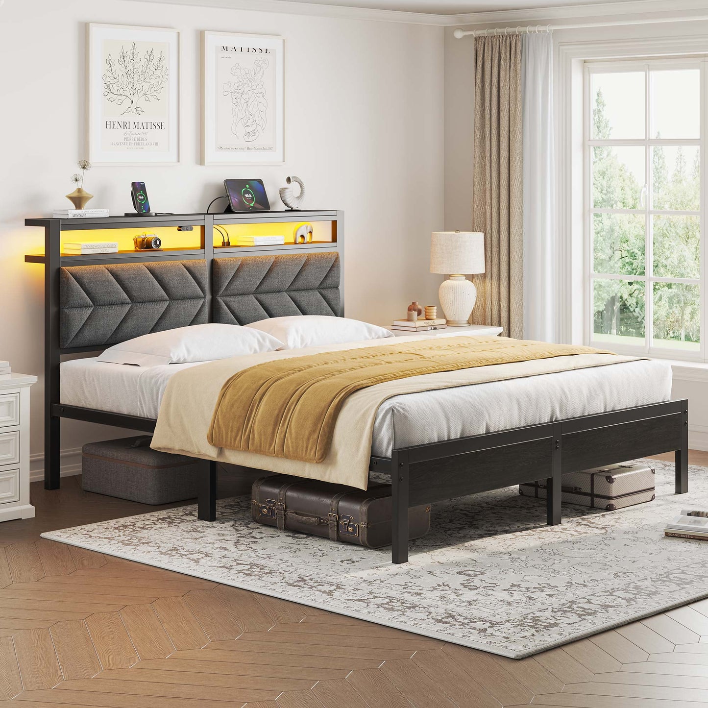 Full LED Bed Frame with Headboard Storage - Charging Station, Dark Gray