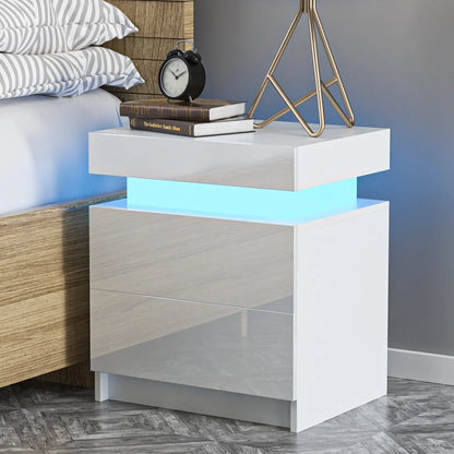 Modern LED Nightstand with 2 Drawers High Gloss Led Light Bedside Table Storage White Night Table with Lights End Side Table with Drawer for Bedroom 20.5" Tall