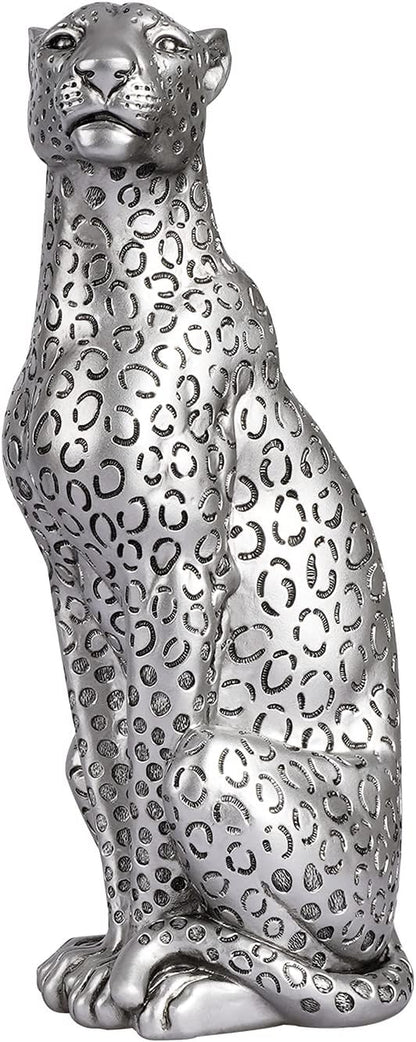 Silver Cheetah 11" H Statue, Cheetah Figurine Sitting Home Decor Realistic Antique Classical Leopard Resin Animal Ornament Statues Living Room Decor Ornament Figurine