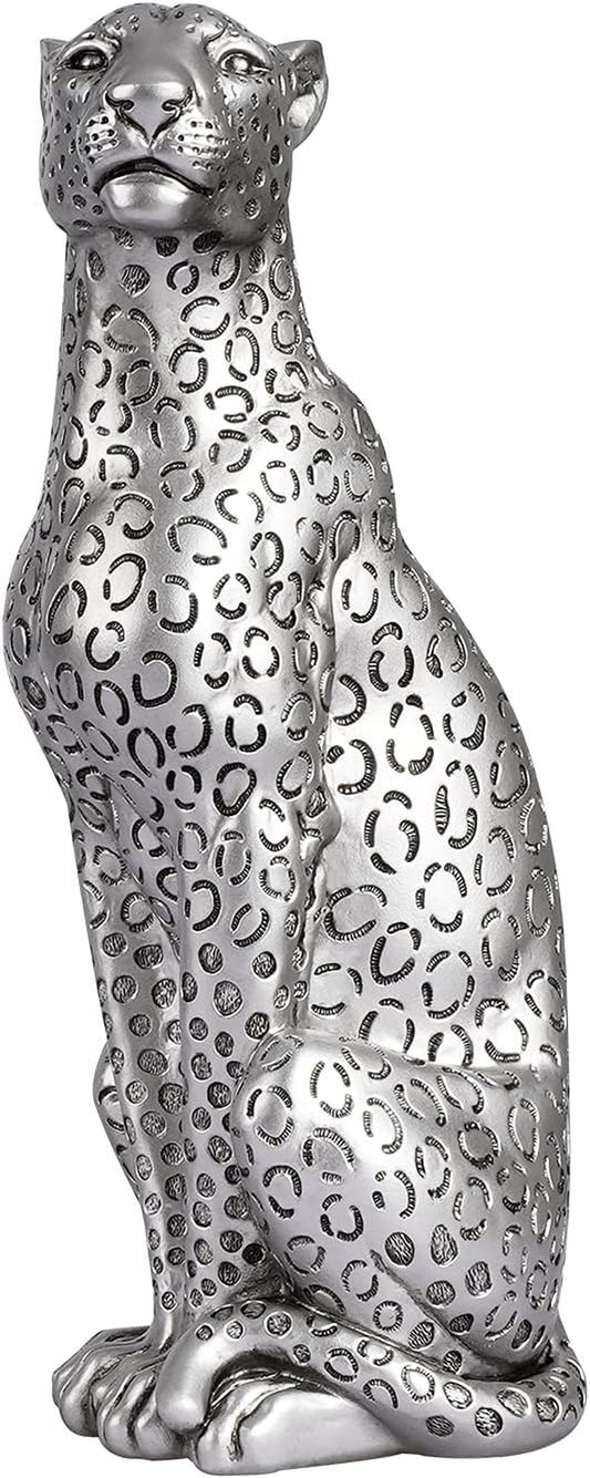 Silver Cheetah 11" H Statue, Cheetah Figurine Sitting Home Decor Realistic Antique Classical Leopard Resin Animal Ornament Statues Living Room Decor Ornament Figurine