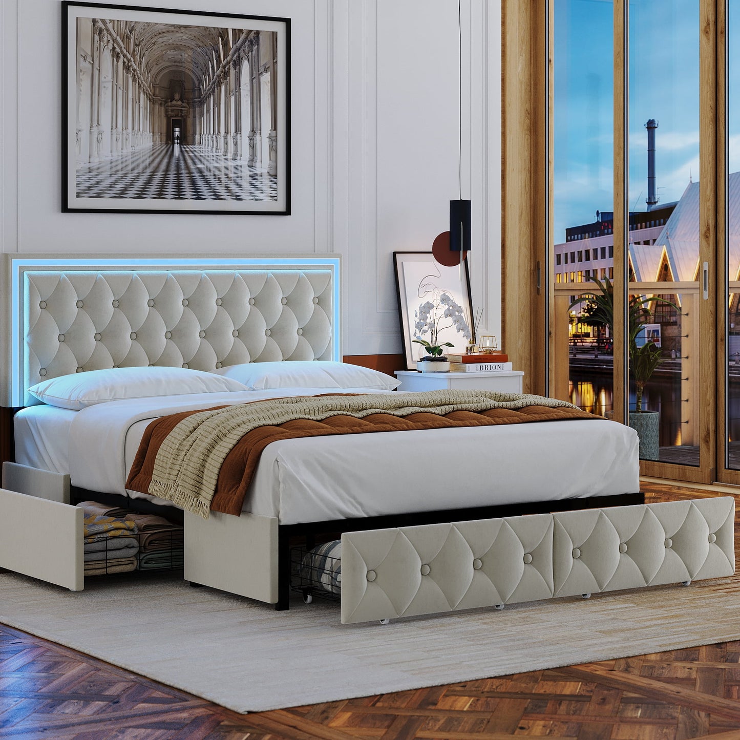 Queen LED Bed with 4 Drawers, LED Lights Platform Storage Bed Frame with Upholstered Adjustable Button Tufted Headboard, Velvet Beige