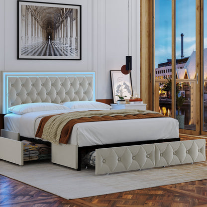 Queen LED Bed with 4 Drawers, LED Lights Platform Storage Bed Frame with Upholstered Adjustable Button Tufted Headboard, Velvet Beige
