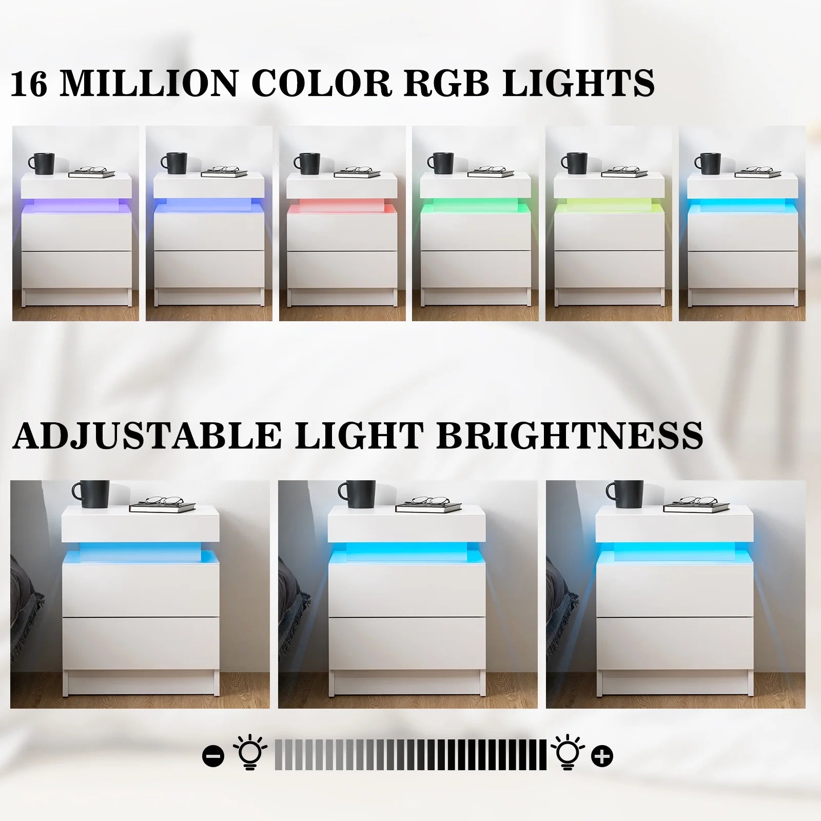 Modern LED Nightstand with 2 Drawers High Gloss Led Light Bedside Table Storage White Night Table with Lights End Side Table with Drawer for Bedroom 20.5" Tall