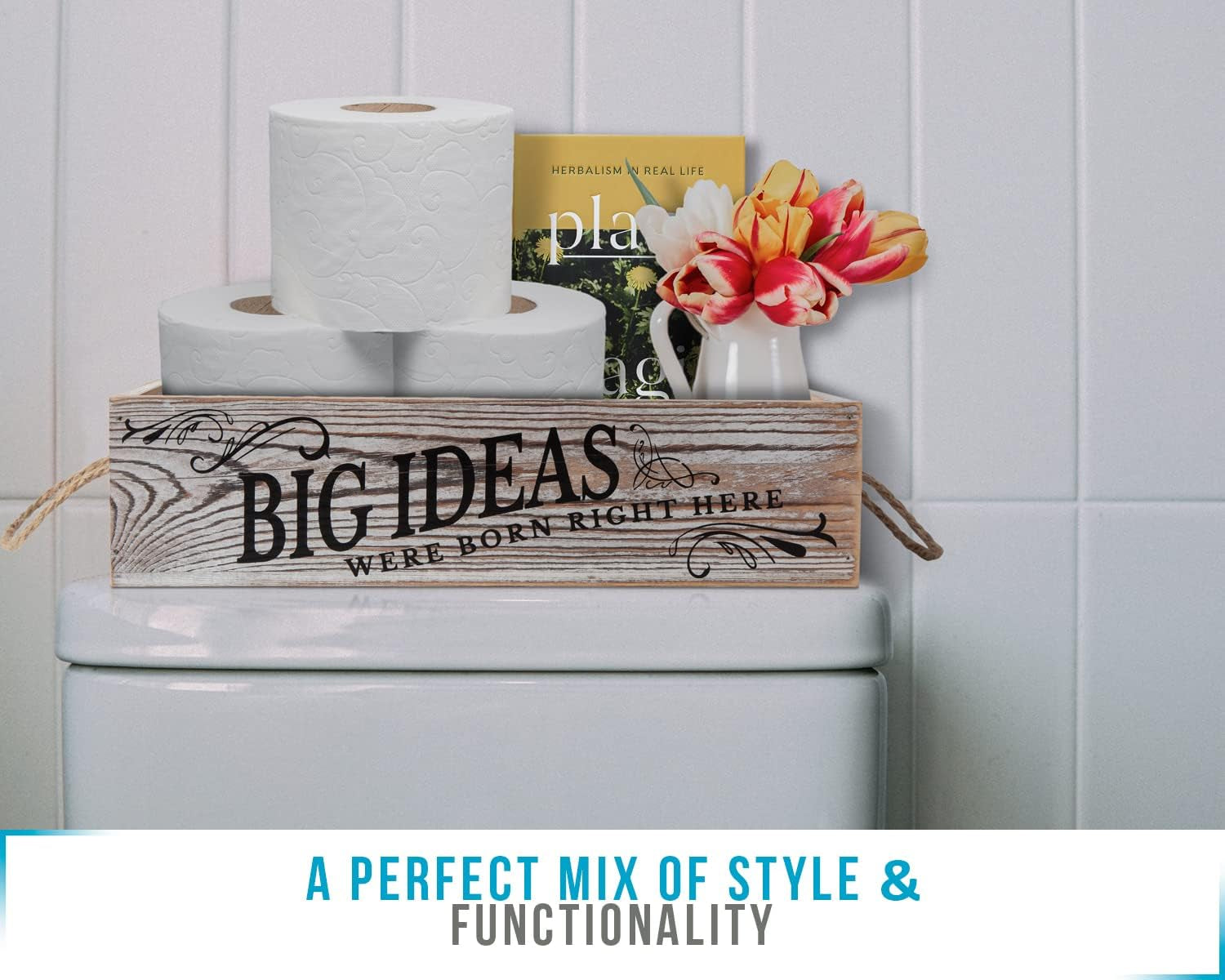 Bathroom Decor Box, 2 Sides with Funny Sayings -Perfect for Farmhouse Bathroom Decor, Rustic Bathroom Decor, Funny Toilet Paper Holder - Rustic White