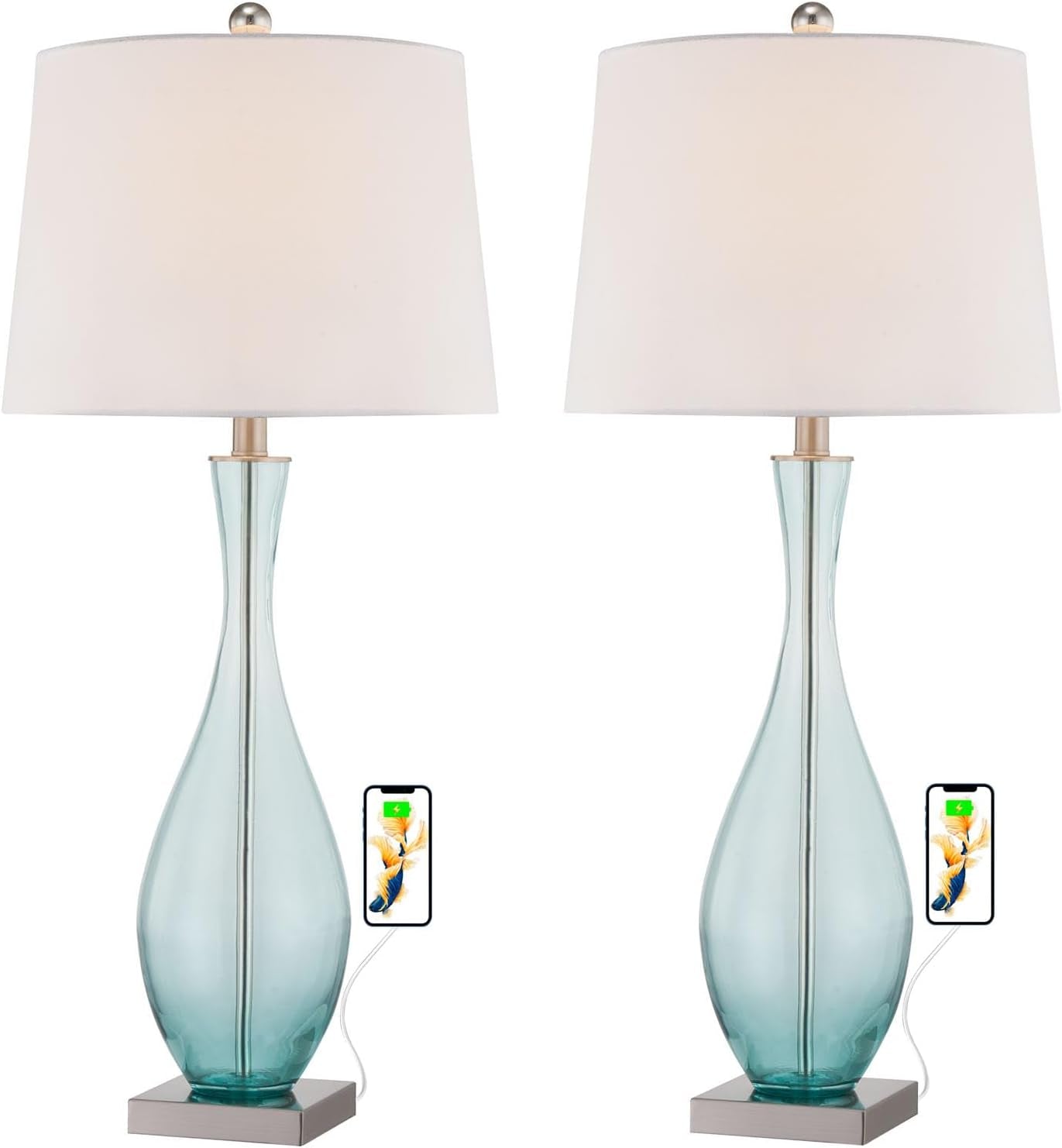 31" Coastal Glass Table Lamps Set of 2 for Living Room, Blue Bedside Lamp with USB Ports Modern Glass Bedroom Lamps with White Fabric Drum Shade for Nightstand