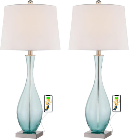 31" Coastal Glass Table Lamps Set of 2 for Living Room, Blue Bedside Lamp with USB Ports Modern Glass Bedroom Lamps with White Fabric Drum Shade for Nightstand