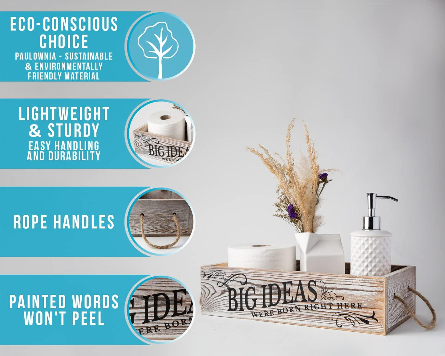 Bathroom Decor Box, 2 Sides with Funny Sayings -Perfect for Farmhouse Bathroom Decor, Rustic Bathroom Decor, Funny Toilet Paper Holder - Rustic White