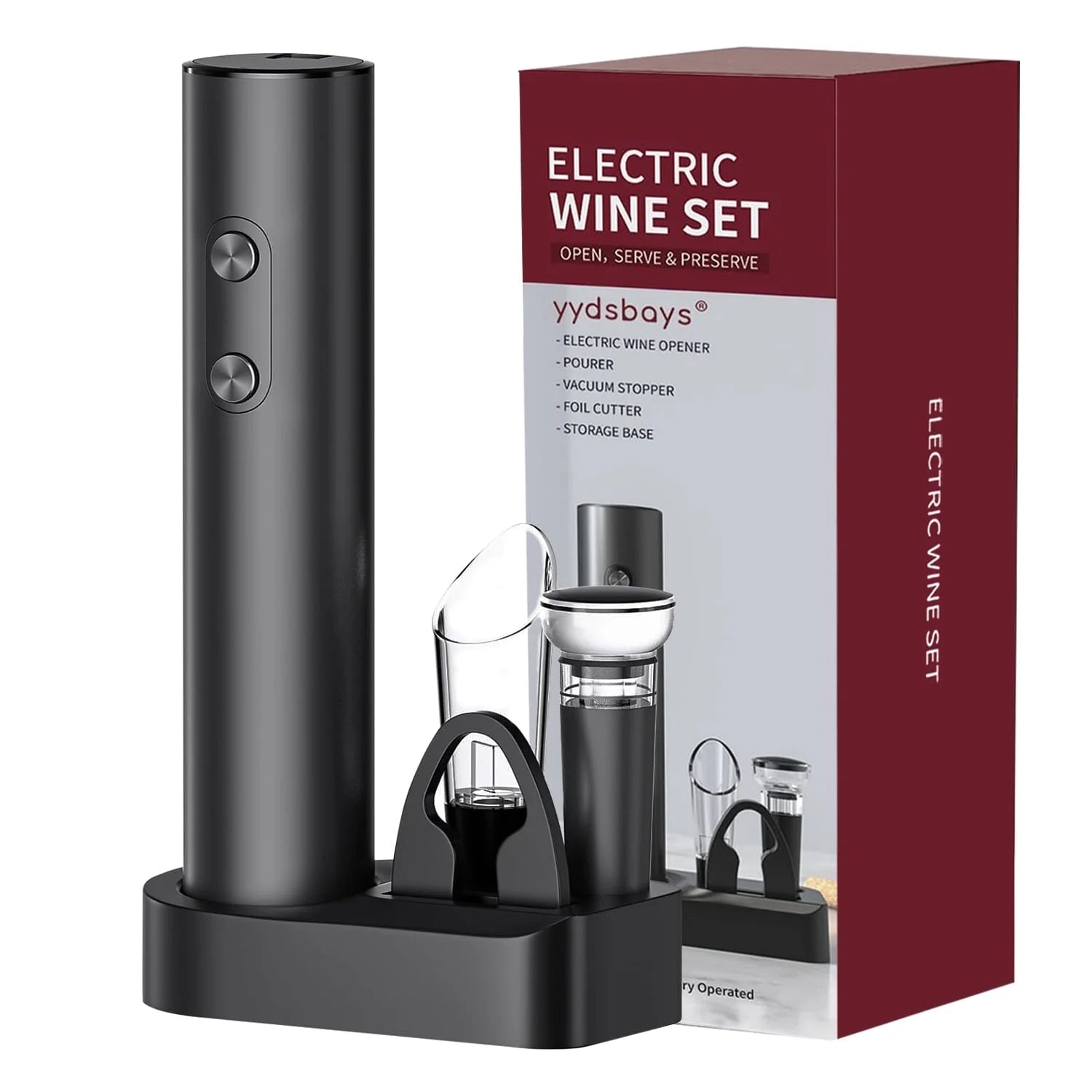 Electric Wine Opener 5-In-1,Automatic Battery Operated Bottle Corkscrew Set with Base, Foil Cutter,Pour,Vacuum Stopper,Cordless, Black