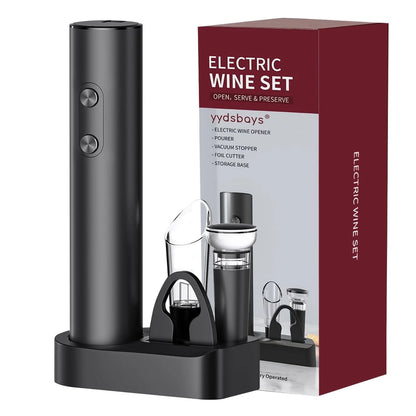 Electric Wine Opener 5-In-1,Automatic Battery Operated Bottle Corkscrew Set with Base, Foil Cutter,Pour,Vacuum Stopper,Cordless, Black