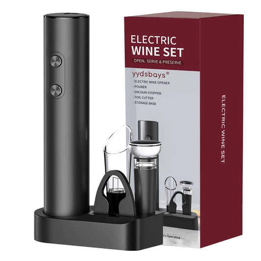 Electric Wine Opener 5-In-1,Automatic Battery Operated Bottle Corkscrew Set with Base, Foil Cutter,Pour,Vacuum Stopper,Cordless, Black