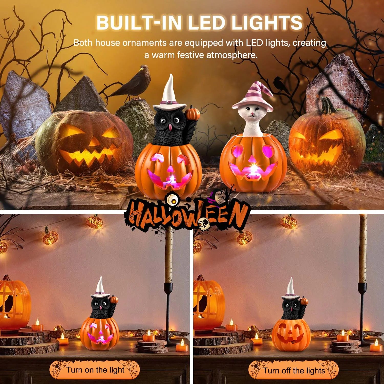 Halloween Figurines Set of 2, Cat and Owl on Pumpkin Decor with LED Lights for Halloween Decorations Indoor