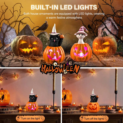 Halloween Figurines Set of 2, Cat and Owl on Pumpkin Decor with LED Lights for Halloween Decorations Indoor