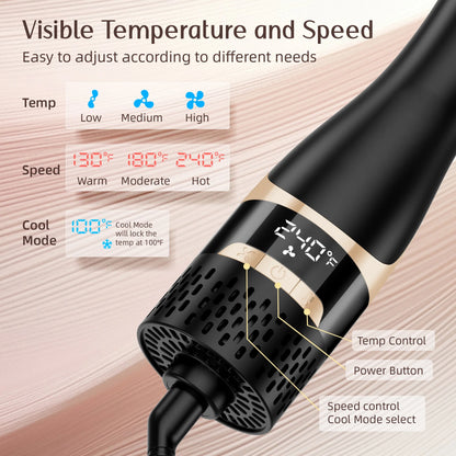 Hair Dryer Brush, Hot Air Brush Digital Display, Blowout Brush Ceramic Barrel, Heated Brush