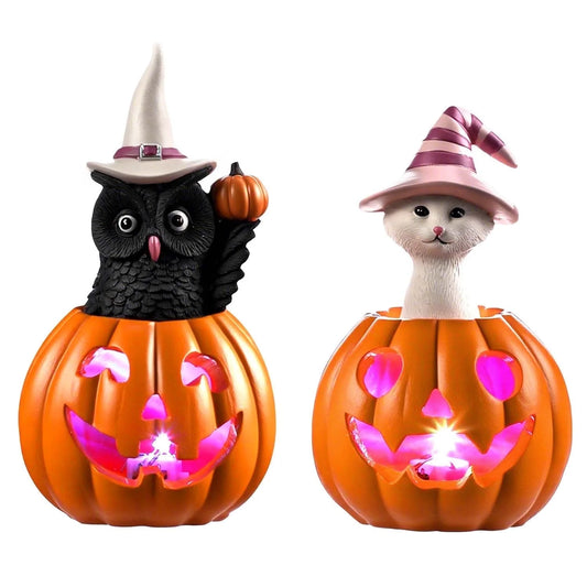 Halloween Figurines Set of 2, Cat and Owl on Pumpkin Decor with LED Lights for Halloween Decorations Indoor