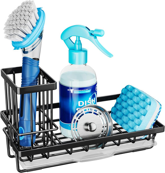 Sponge Holder for Kitchen Sink – Black Stainless Steel Caddy Organizer with Removable Drip Tray for Sponges, Brushes & Soap