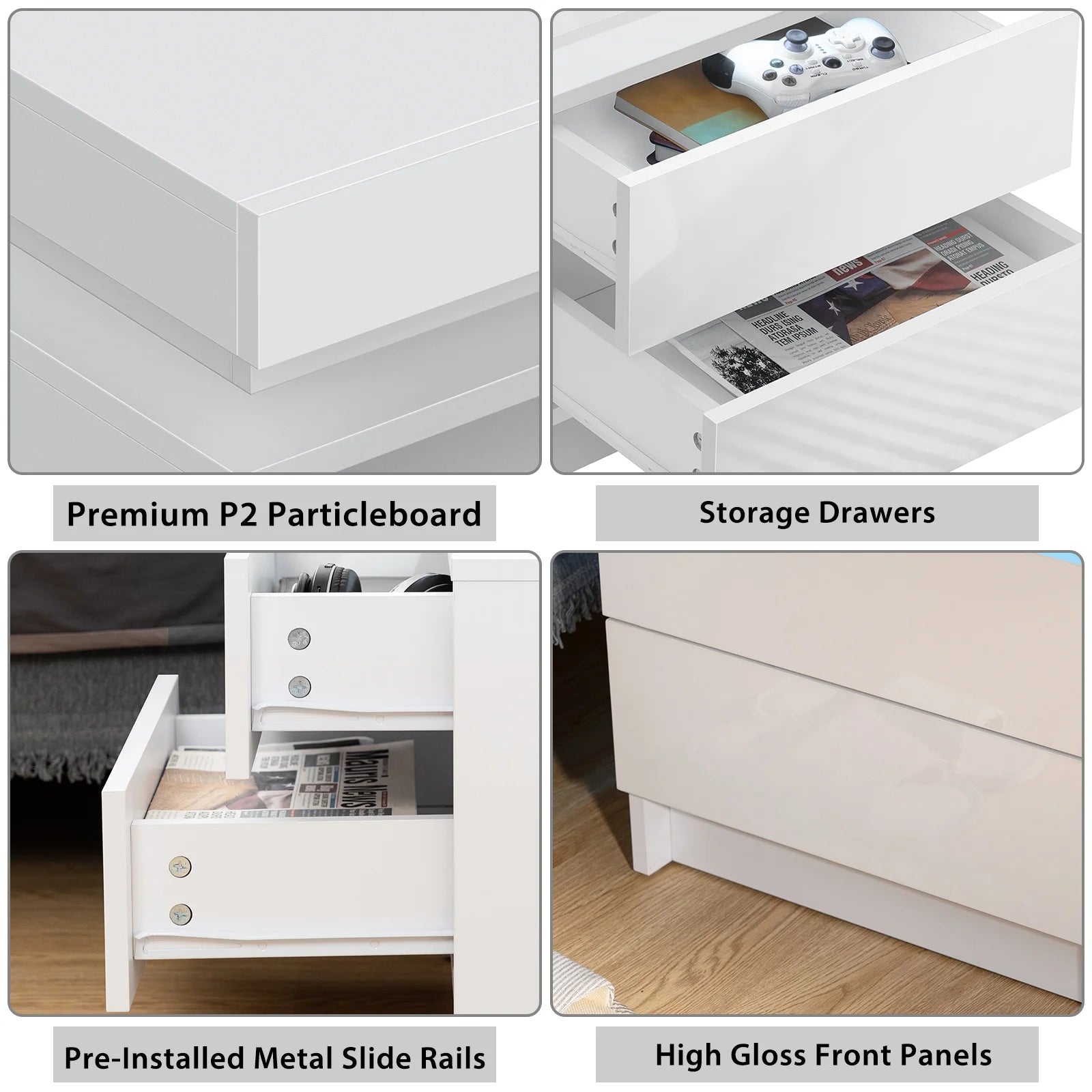 Modern LED Nightstand with 2 Drawers High Gloss Led Light Bedside Table Storage White Night Table with Lights End Side Table with Drawer for Bedroom 20.5" Tall